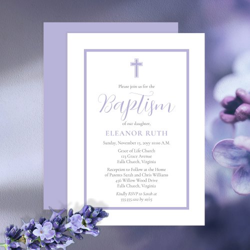 Simple Elegant Minimalist Lavender Girl Baptism Invitation