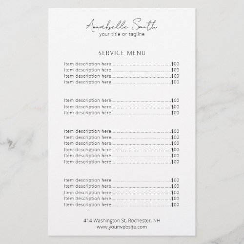 Simple Elegant Minimalist Modern Price List