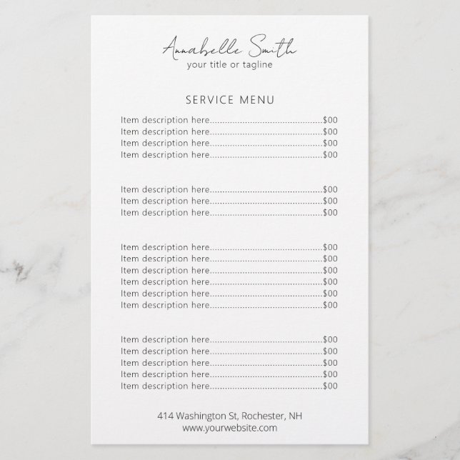 Simple Elegant Minimalist Modern Price List (Front)