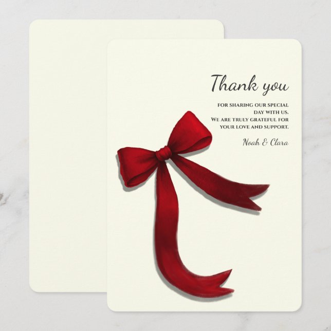Simple Elegant Minimalist Red Bow Thank You Card (Front/Back)