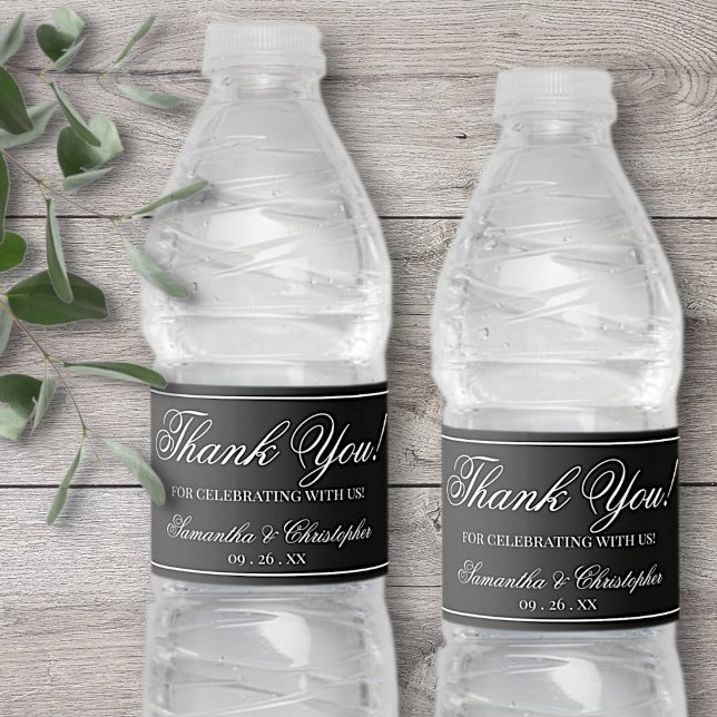 Simple Elegant Minimalist Wedding Thank You Black Water Bottle Label (Creator Uploaded)
