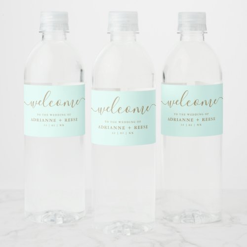 Simple Elegant Mint Green and Gold Wedding Water B Water Bottle Label