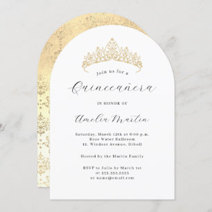 Simple Elegant Modern Arch Gold Tiara Quinceanera Invitation
