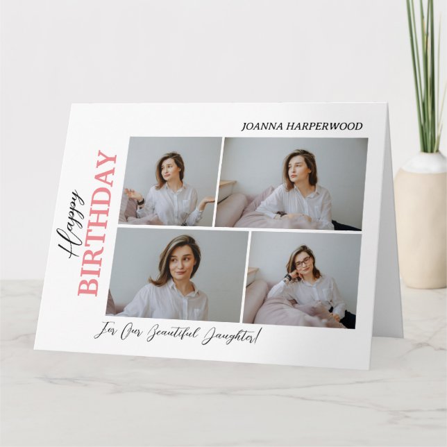 Simple Elegant Modern Birthday Stylish 4 Photo Card (Front)
