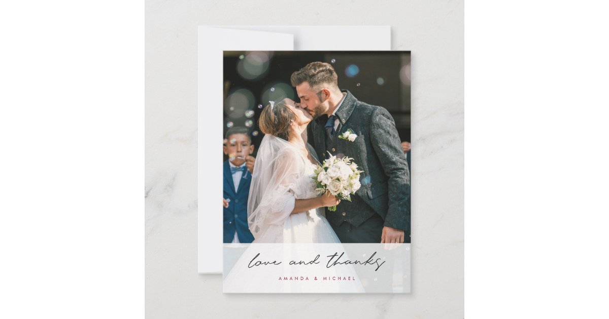 Simple Elegant Modern Black Script Photo Wedding T Thank You Card | Zazzle