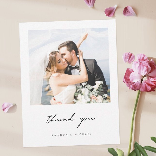 Simple Elegant Modern Black Script Photo Wedding Thank You Card (Creator Uploaded)