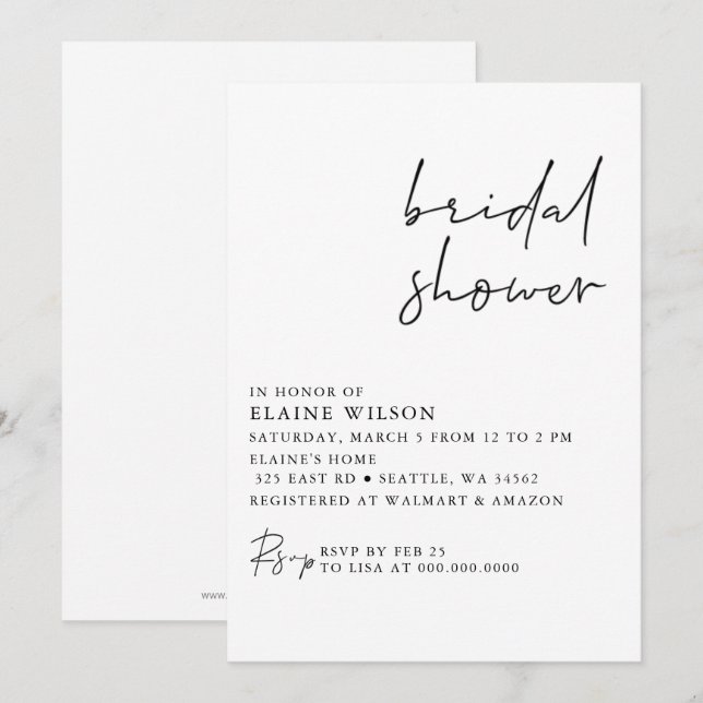 Simple Elegant Modern Bridal Shower  Invitation (Front/Back)