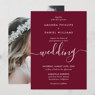 Simple Elegant Modern Burgundy Photo Wedding Invitation