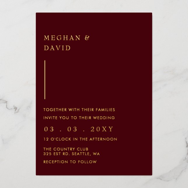 Simple Elegant Modern Burgundy Wedding  Foil Invitation (Front)