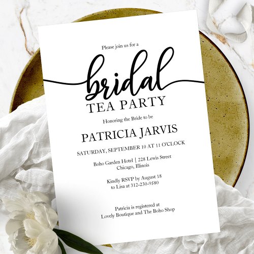 Simple Elegant Modern Calligraphy Bridal Tea Party Invitation