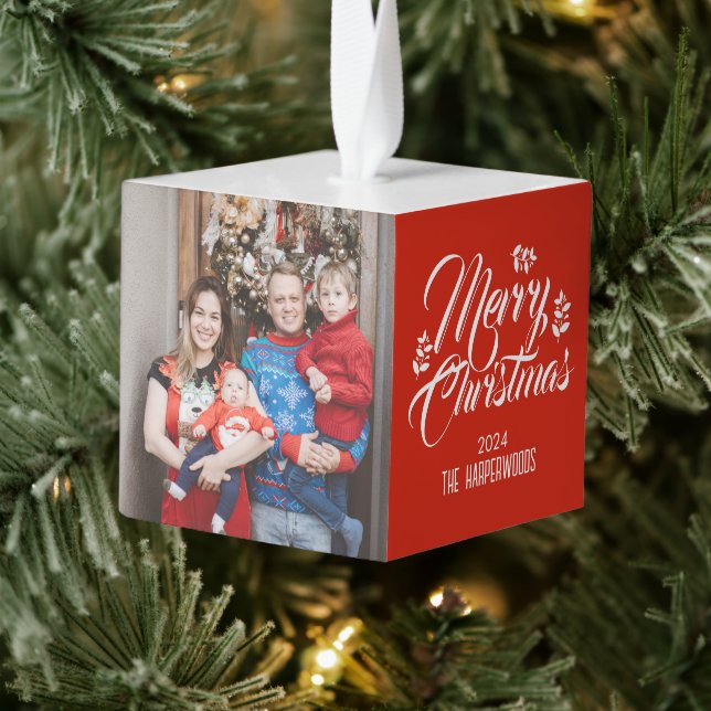 Simple Elegant Modern Christmas 3 Family photo Cube Ornament (Tree)