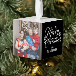 Simple Elegant Modern Christmas 3 Family photo Cube Ornament