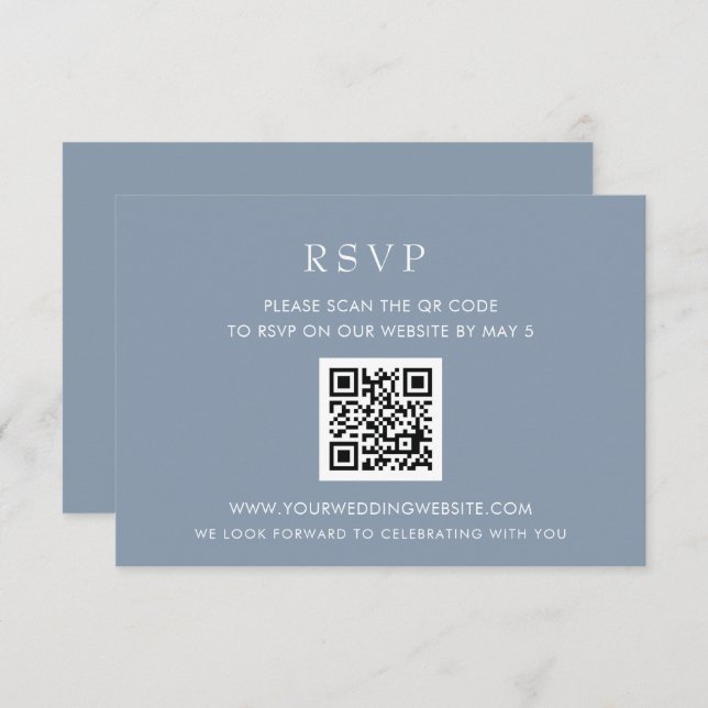  Simple Elegant Modern Dusty Blue Wedding QR CODE RSVP Card (Front/Back)