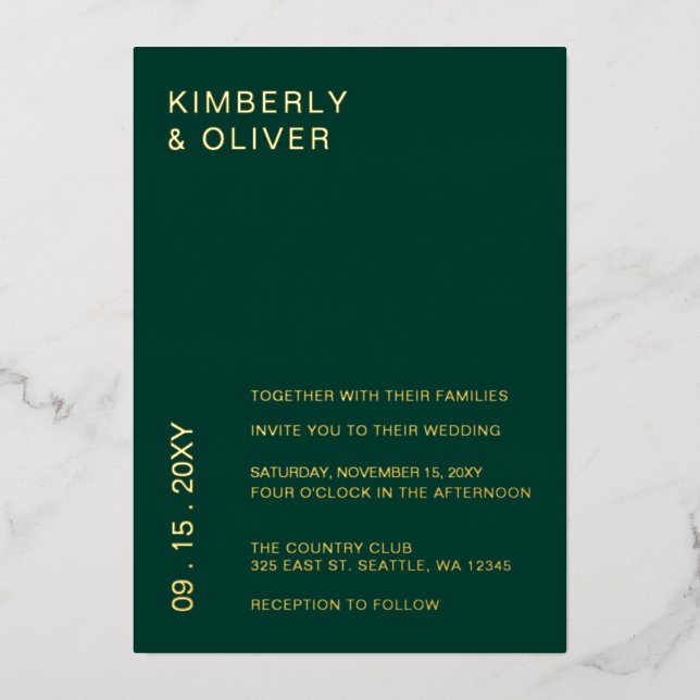 Simple Elegant Modern Emerald Green Wedding  Foil Invitation (Front)
