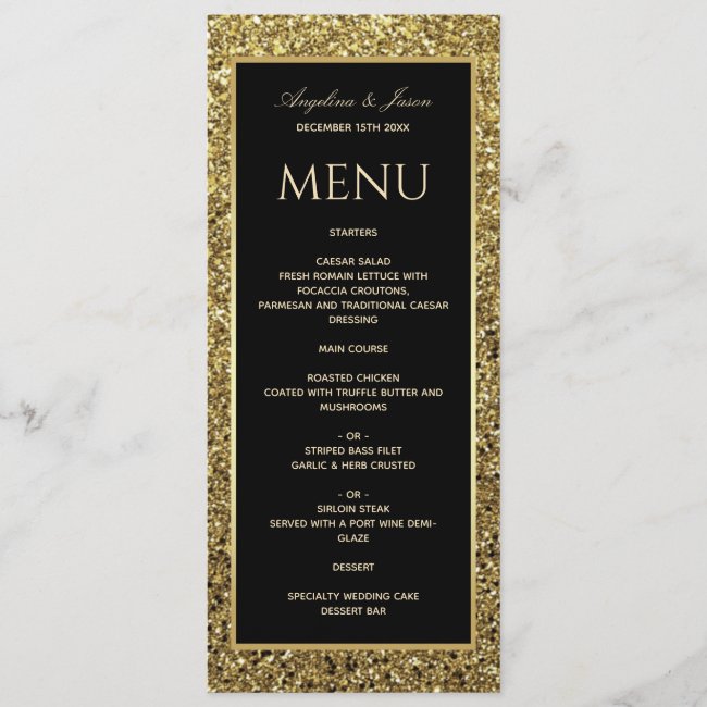 Simple Elegant Modern Glitter Gold Black Wedding Menu