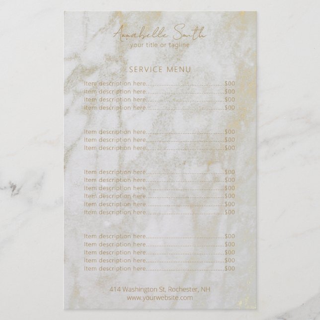 Simple Elegant Modern Gold Marble Price List (Front)