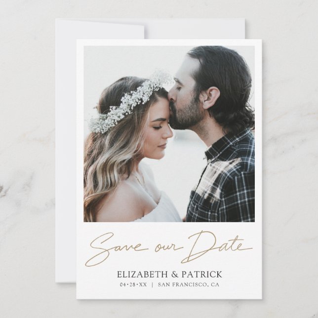 Simple Elegant Modern Gold Script Photo Save The Date (Front)
