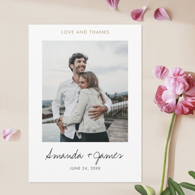 Simple Elegant Modern Gold Script Photo Wedding Thank You Card (Creator Uploaded)