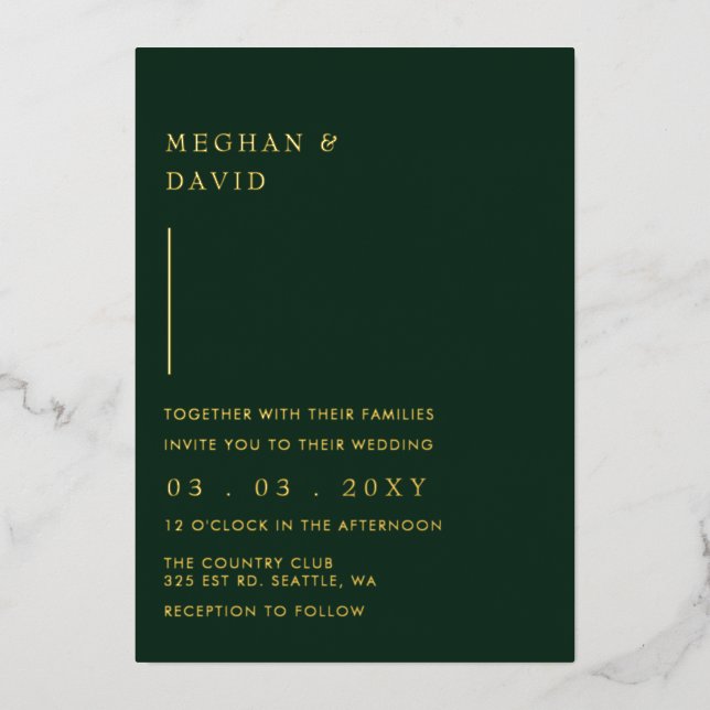 Simple Elegant Modern Green Wedding   Foil Invitation (Front)