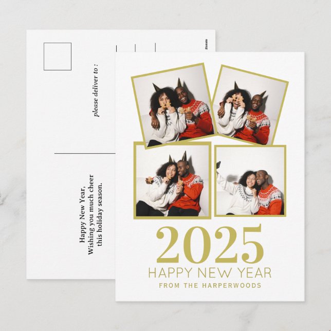 Simple Elegant Modern Happy New Year 3 photo Holiday Postcard (Front/Back)