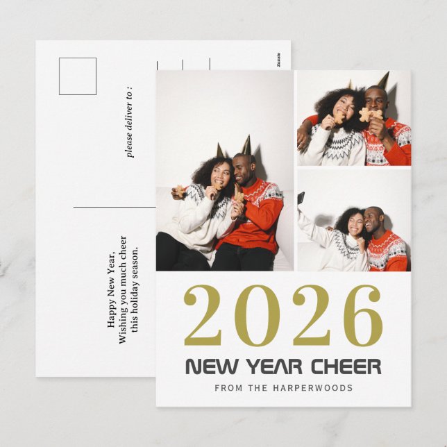 Simple Elegant Modern Happy New Year 3 photo Holiday Postcard (Front/Back)