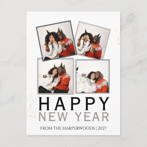 Simple Elegant Modern Happy New Year 4 photo Holiday Postcard