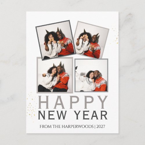 Simple Elegant Modern Happy New Year 4 photo Holiday Postcard