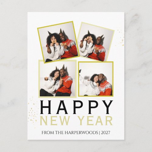 Simple Elegant Modern Happy New Year 4 photo Holiday Postcard