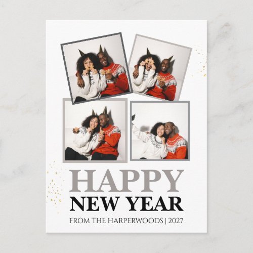 Simple Elegant Modern Happy New Year 4 photo Holiday Postcard