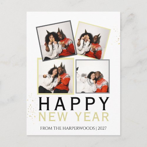 Simple Elegant Modern Happy New Year 4 photo Holiday Postcard
