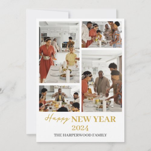 Simple Elegant Modern Happy New Year Four Photo Holiday Card
