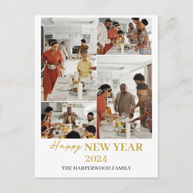 Simple Elegant Modern Happy New Year Four Photo Holiday Postcard (Front)