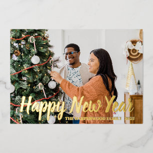 Simple Elegant Modern Happy New Year One Photo Foil Holiday Card