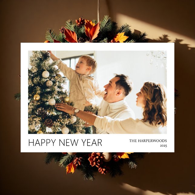 Simple Elegant Modern Happy New Year One Photo Holiday Card (Creator Uploaded)