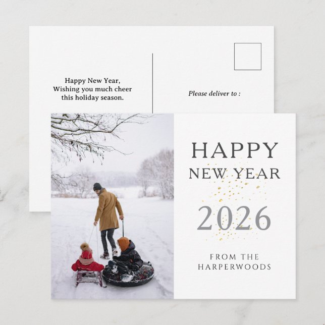 Simple Elegant Modern Happy New Year one photo Holiday Postcard (Front/Back)