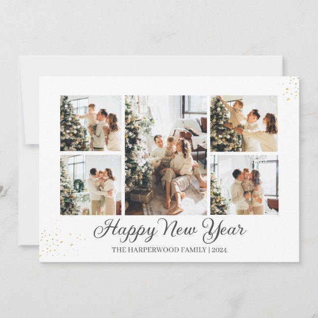 Simple Elegant Modern Happy New Year Photo Collage Holiday Card (Front)