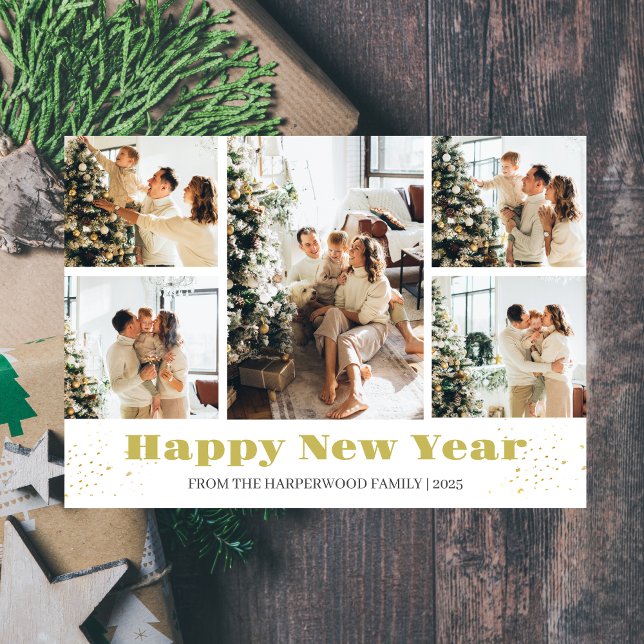 Simple Elegant Modern Happy New Year Photo Collage Holiday Card (Creator Uploaded)