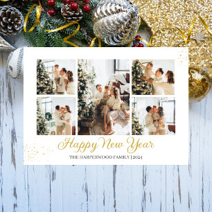 Simple Elegant Modern Happy New Year Photo Collage Holiday Card