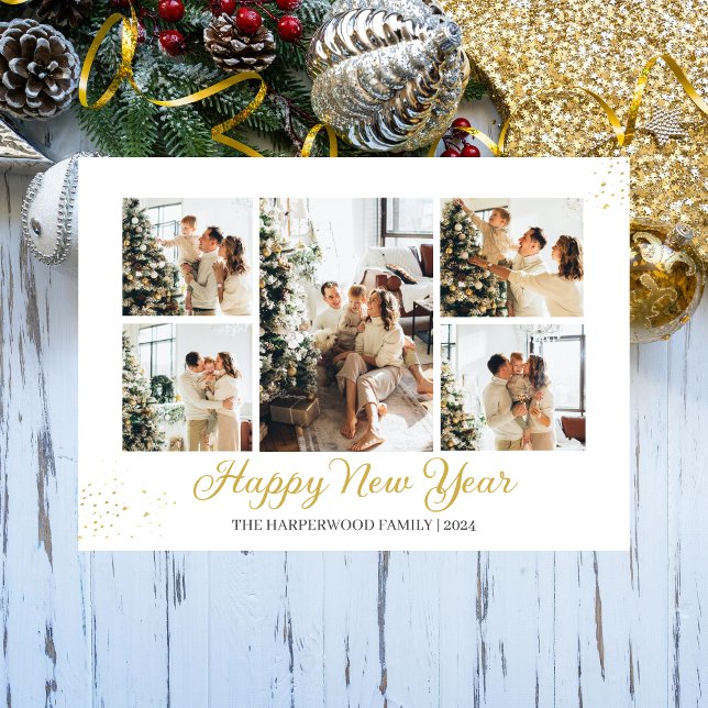 Simple Elegant Modern Happy New Year Photo Collage Holiday Card (Creator Uploaded)