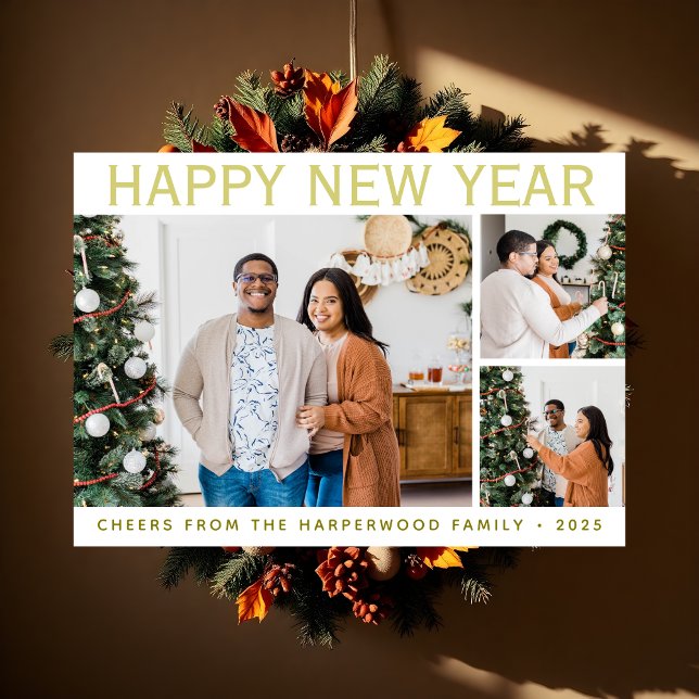 Simple Elegant Modern Happy New Year Six Photo Holiday Card (Creator Uploaded)
