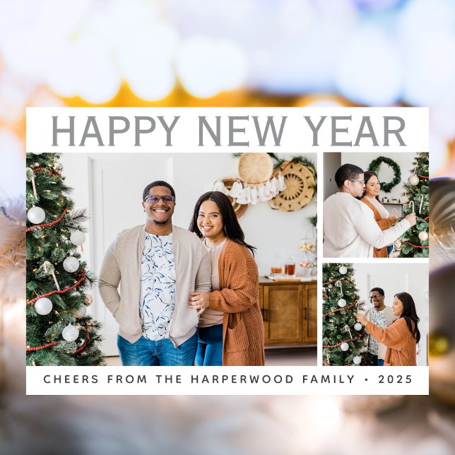 Simple Elegant Modern Happy New Year Six Photo Holiday Card (Creator Uploaded)