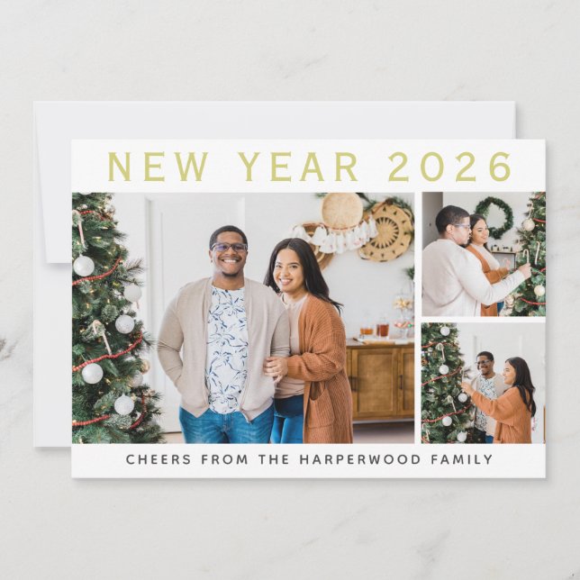 Simple Elegant Modern Happy New Year Six Photo Holiday Card (Front)