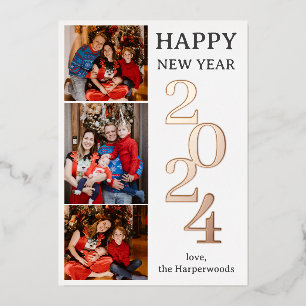 Simple Elegant Modern Happy New Year Three Photo Foil Holiday Card