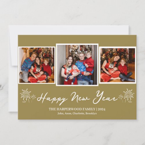 Simple Elegant Modern Happy New Year Three Photo Holiday Card