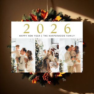 Simple Elegant Modern Happy New Year Three Photo Holiday Card