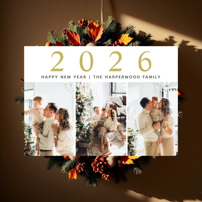 Simple Elegant Modern Happy New Year Three Photo Holiday Card (Creator Uploaded)