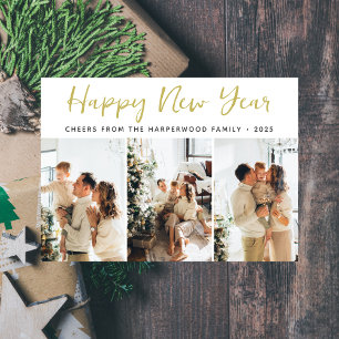 Simple Elegant Modern Happy New Year Three Photo Holiday Card