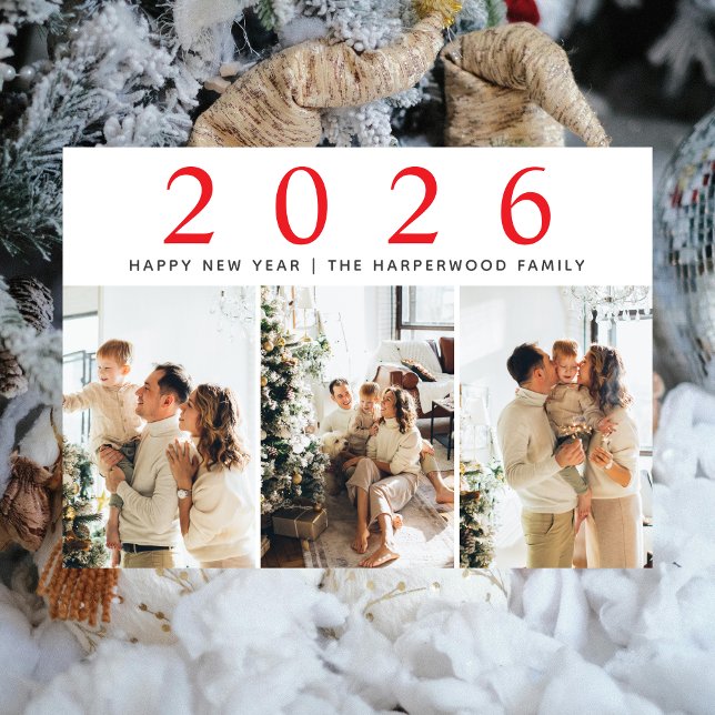 Simple Elegant Modern Happy New Year Three Photo Holiday Card (Creator Uploaded)