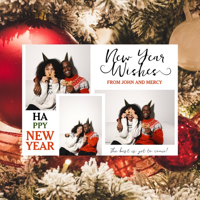 Simple Elegant Modern Happy New Year Three Photo Holiday Card (Creator Uploaded)