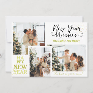 Simple Elegant Modern Happy New Year Three Photo Holiday Card